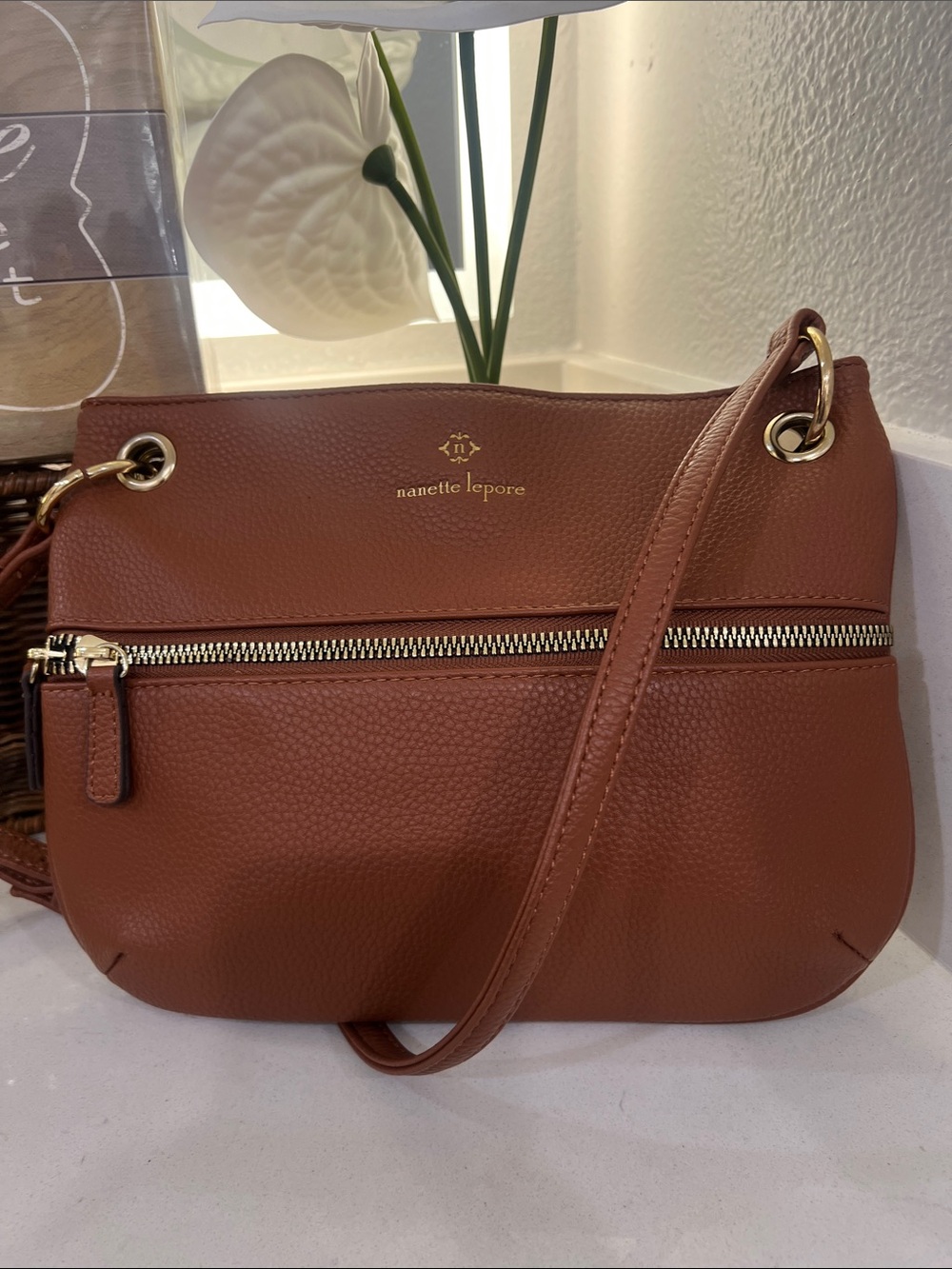 Nanette Lepore Tan Brown Pebbled Leather Crossbody with Gold Hardware